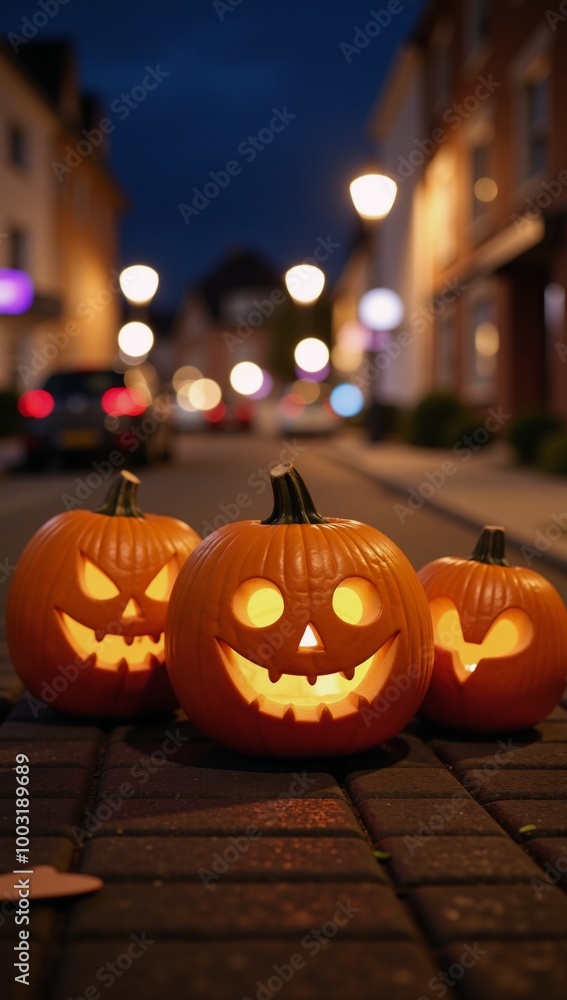 Fototapeta premium Three humorously-carved pumpkins illuminate a spooky night scene with a blurry city backdrop - perfect for a festive Halloween party setting