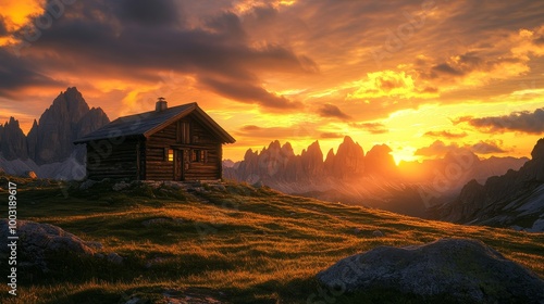 Serene Sunset Over a Mountain Cabin Landscape photo