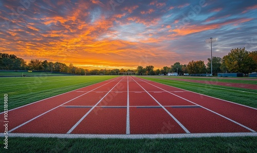 Field level view of a high school track and football field in at sunrise