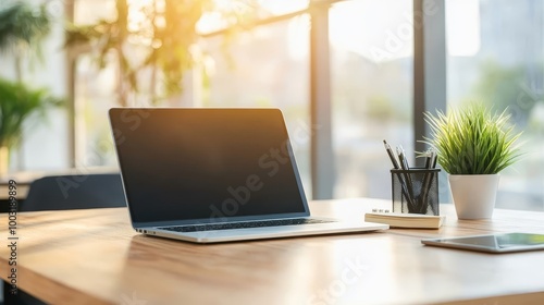 Wallpaper Mural Modern Workspace with Laptop and Green Plants Torontodigital.ca