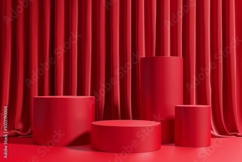 A red curtain with a red stage set up in front of it