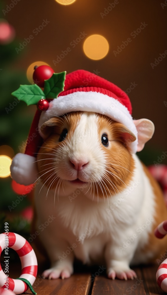 A charming guinea pig donning a Christmas hat during the holiday season A charming guinea pig donning a Christmas hat during the holiday season