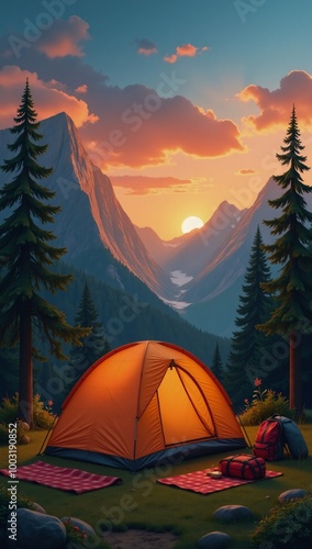 Family camping trip featuring adorable sunset campsite surrounded by mountainous landscapes for nature-filled picnic and hike adventures photo