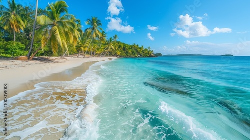 A beautiful beach with palm trees and a clear blue ocean