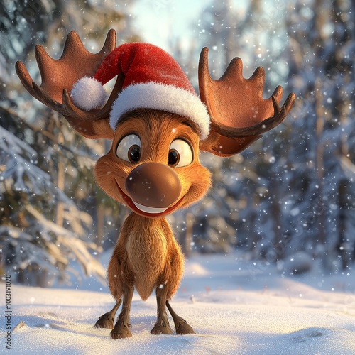 A delightful animated reindeer stands in a snowy landscape, adorned with a red Santa hat, embodying the joy and festivity of the holiday season. photo