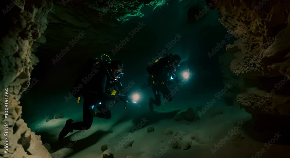 Divers exploring a sunken ship under the sea. Divers exploring a sunken ship under the sea.