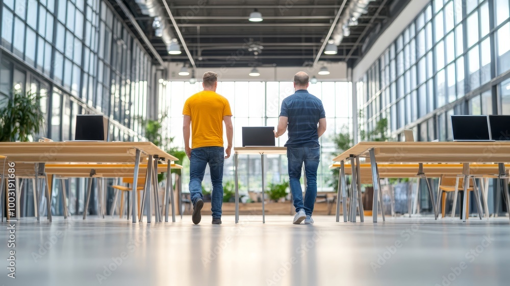 Obraz premium Men Walking in Modern Office Space with Large Windows