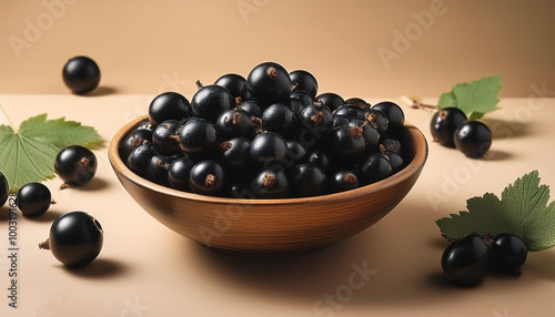 Black currants in a bowl, surrounded on a beige background