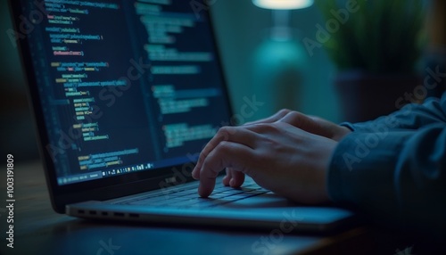 Close-up of hands typing on a laptop keyboard with glowing blue code on the screen