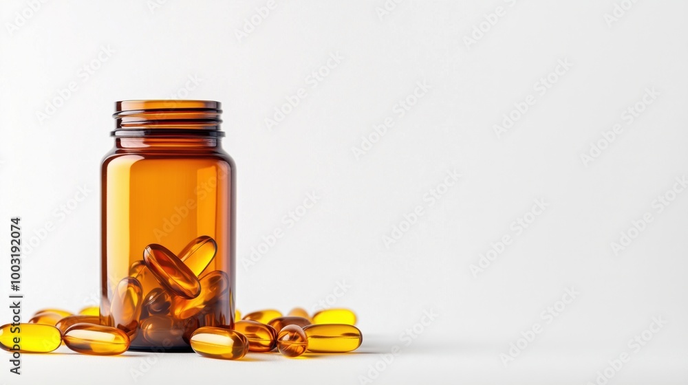 Amber bottle with capsules, dietary supplements, health Amber bottle with capsules, dietary supplements, health