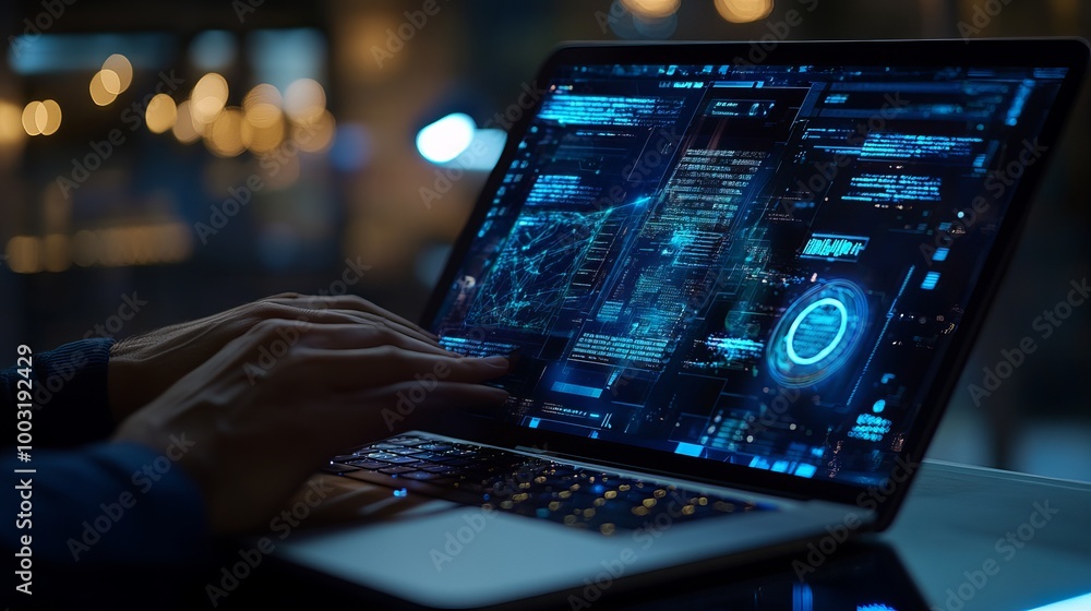 A user engages with a virtual cybersecurity interface projected over a laptop, featuring intuitive design and Thai text, highlighting the importance of digital security in a modern landscape. A user engages with a virtual cybersecurity interface projected over a laptop, featuring intuitive design and Thai text, highlighting the importance of digital security in a modern landscape.