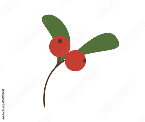 Red cranberry flat icon isolated on white background. Cranberries with green leaves. Red berries, lingonberry, mountain cranberry. Hand drawn cartoon vector illustration.