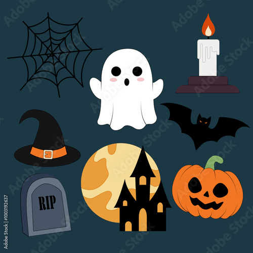 Spooky Halloween Icons with Ghost, Pumpkin, and Haunted House
