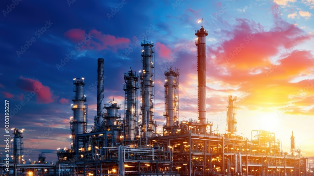 Fototapeta premium Sunset Over a Modern Oil Refinery with Dramatic Sky