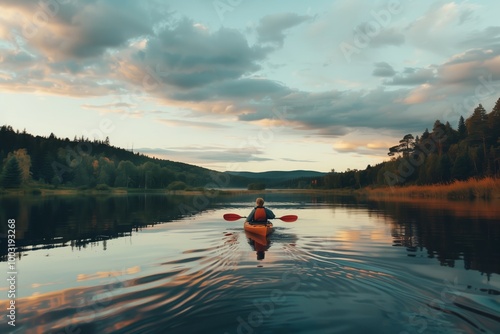 A man in a yellow kayak is paddling on a lake