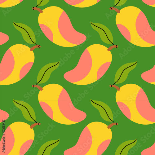 Colorful mango pattern with green background showcasing fruit designs and leaves