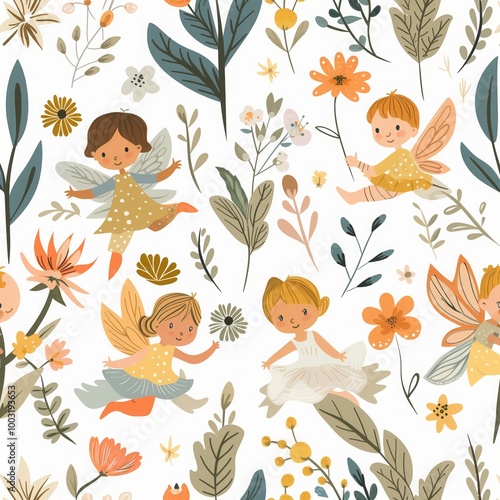 A group of colorful fairies are flying through a field of flowers