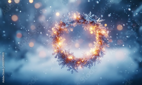 A glowing Christmas wreath made of swirling light trails and intricate snowflakes, hanging in the air against a softly blurred snowy background.