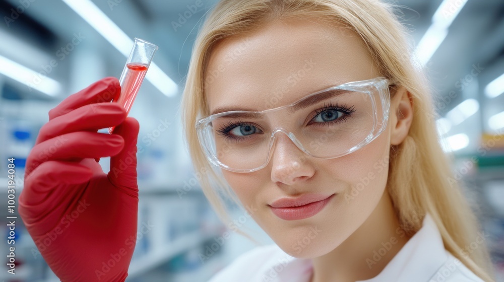 A woman in lab coat holding up a test tube with liquid, AI A woman in lab coat holding up a test tube with liquid, AI