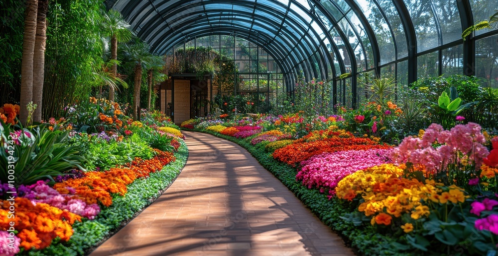 Explore a vibrant botanical garden showcasing exotic plants and flowers under an arched glass ceiling Explore a vibrant botanical garden showcasing exotic plants and flowers under an arched glass ceiling