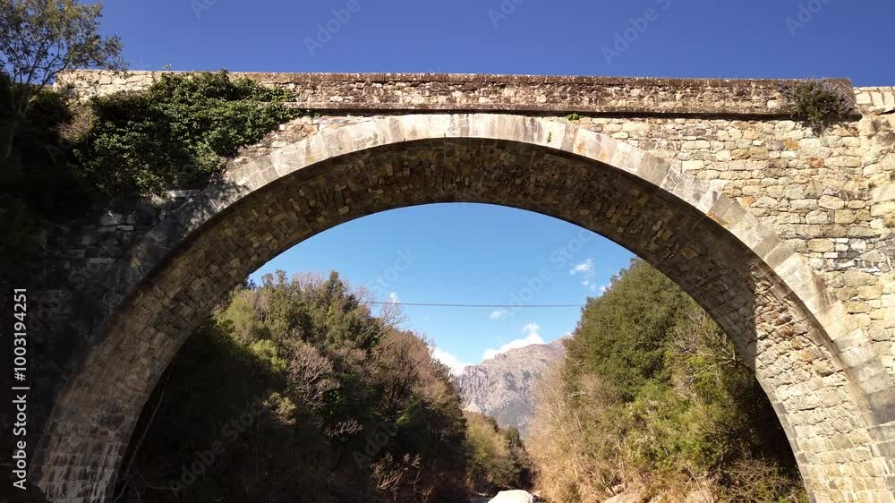Exploring the historic stone bridge in the scenic landscape of Corsica during daytime Exploring the historic stone bridge in the scenic landscape of Corsica during daytime
