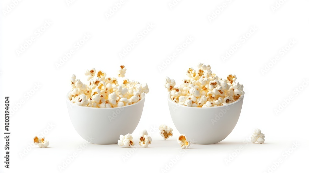 Two Bowls of Fresh Popcorn on White Background Two Bowls of Fresh Popcorn on White Background