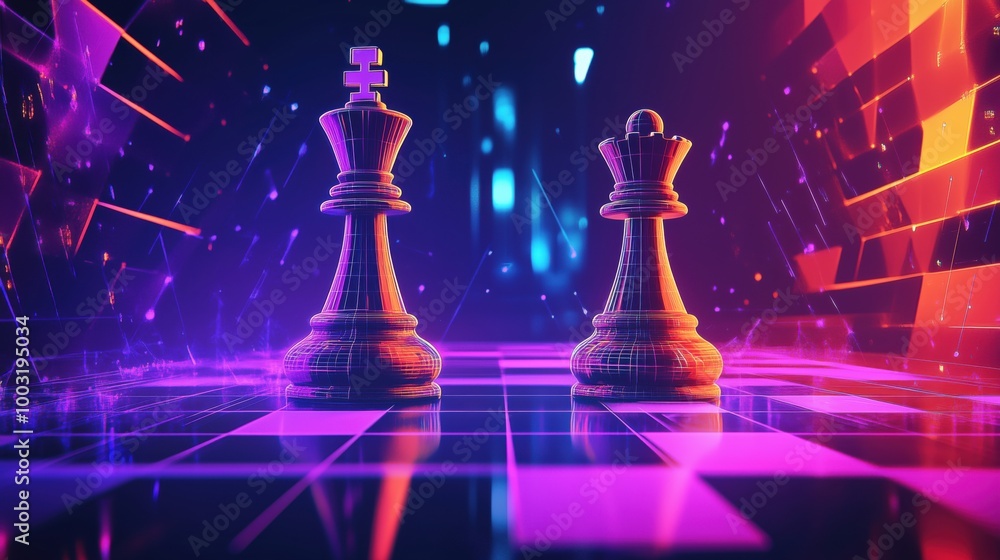 Chess kings in neon digital landscape, vibrant colors Chess kings in neon digital landscape, vibrant colors