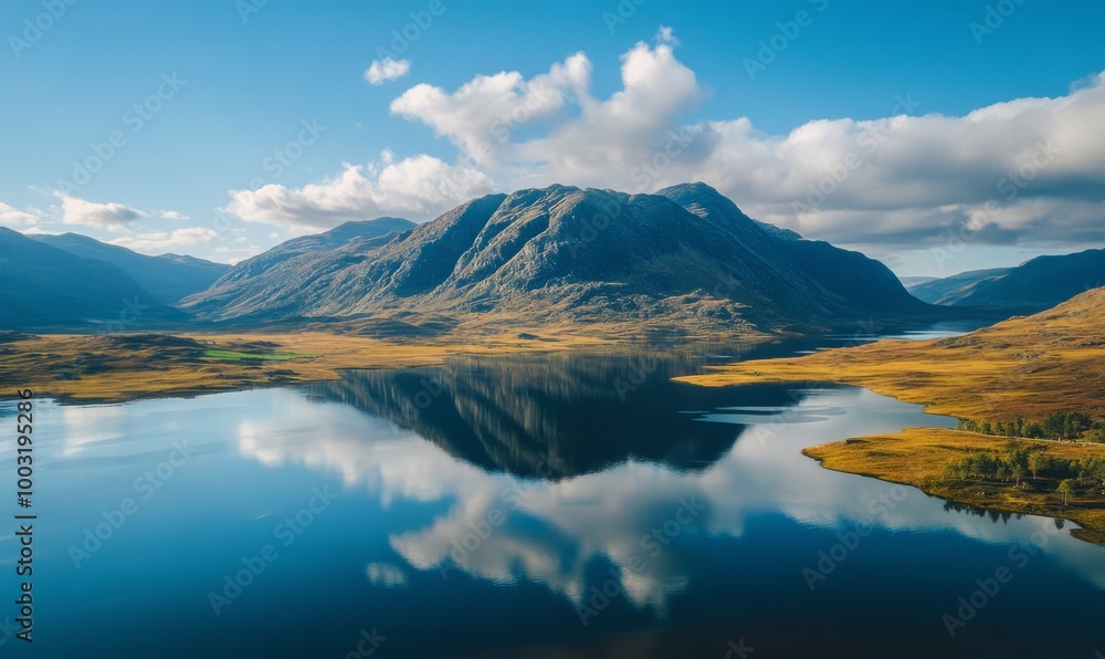 Naklejka premium Aerial view of mountain with reflection in water