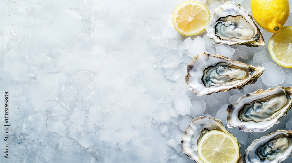 Fresh oysters on ice with lemon slices Fresh oysters on ice with lemon slices