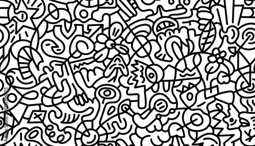 Abstract linear doodle seamless pattern. Black bold marker outline chaotic endless print on white background. Modern trendy design with scribble shapes. Contemporary monochrome art graphic wallpaper