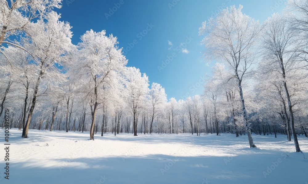 Bare trees, snow-covered ground, blue sky, winter calm Bare trees, snow-covered ground, blue sky, winter calm