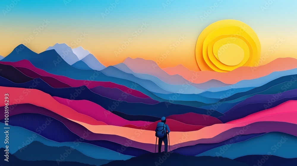 Colorful paper landscape with hiker and sunrise Colorful paper landscape with hiker and sunrise