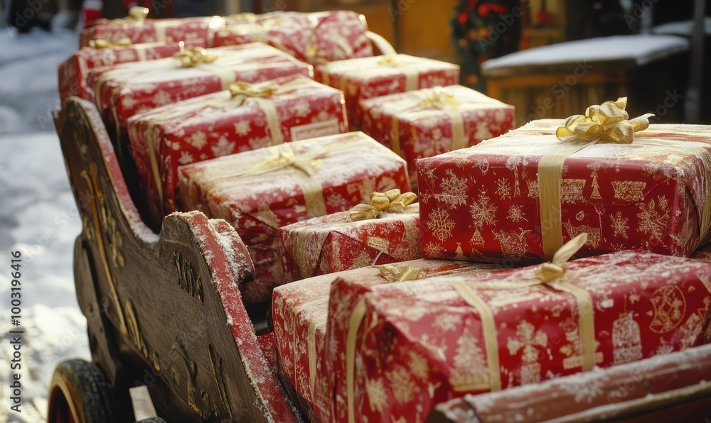 Beautifully Wrapped Holiday Gifts Stacked in a Sleigh, Ready for Delivery on Christmas Eve Beautifully Wrapped Holiday Gifts Stacked in a Sleigh, Ready for Delivery on Christmas Eve