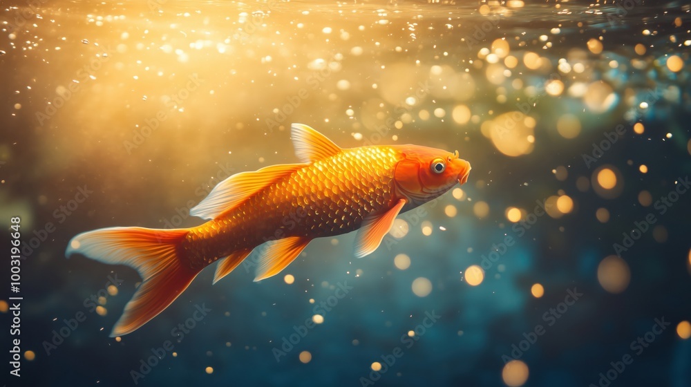 Goldfish swimming in sparkling water, vibrant colors, serene atmosphere Goldfish swimming in sparkling water, vibrant colors, serene atmosphere