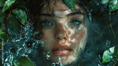 Woman's Face Emerging from Water with Green Leaves