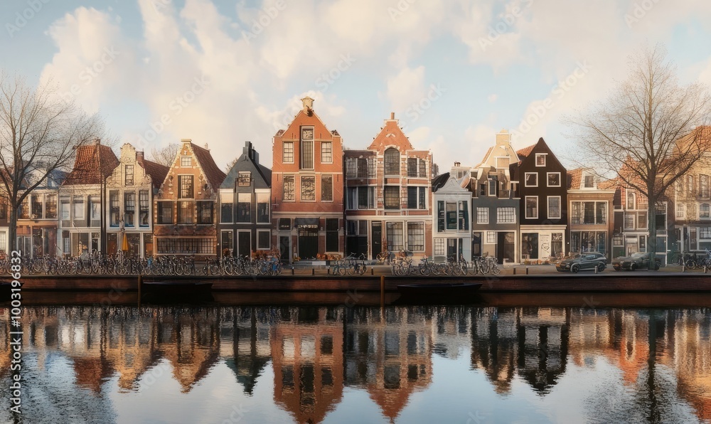 A painting of a row of houses with a canal in the background. The houses are of different colors and styles, and there are several boats docked along the canal A painting of a row of houses with a canal in the background. The houses are of different colors and styles, and there are several boats docked along the canal