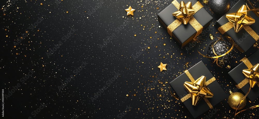 Dynamic composition of black gifts with sparkling gold bows, placed on a glittery surface, surrounded by corresponding ornaments signifying luxury festivities. Dynamic composition of black gifts with sparkling gold bows, placed on a glittery surface, surrounded by corresponding ornaments signifying luxury festivities.