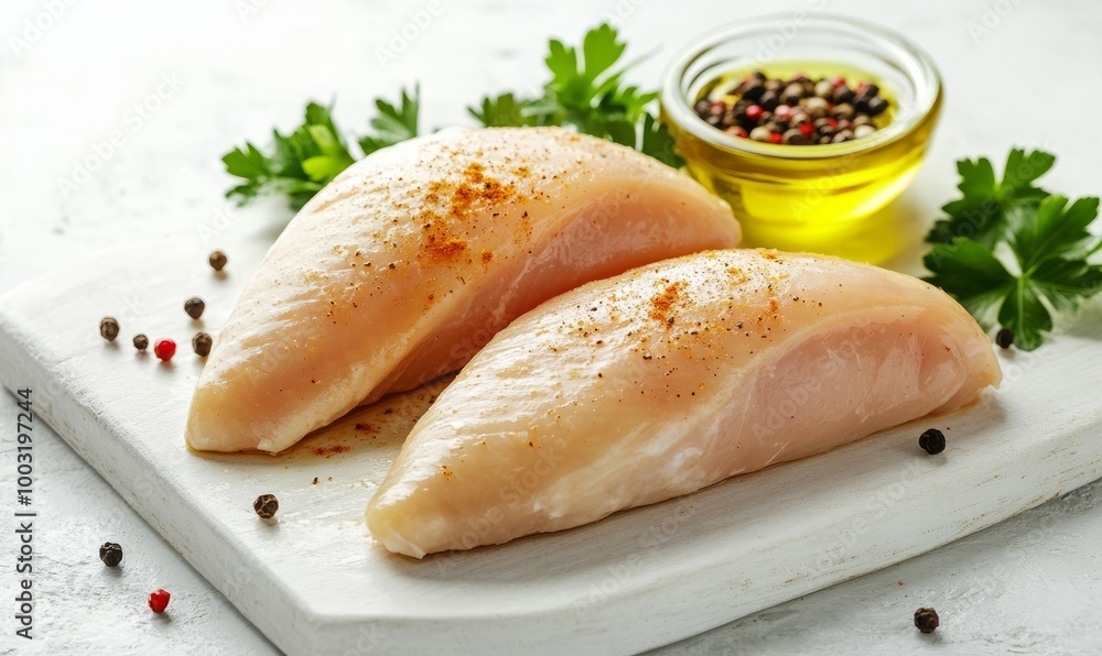 Chicken breast. Two chicken fillets with spices, olive oil and parsley on a white stone cutting board Chicken breast. Two chicken fillets with spices, olive oil and parsley on a white stone cutting board