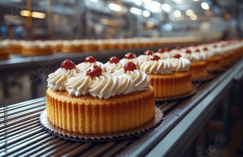 Cakes being decorated on a factory production line with a focus on one cake and a slight blue background photo