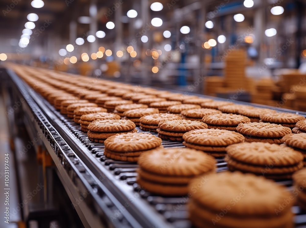 Long conveyor belt transporting freshly baked cookies in a factory setting with industrial lighting and multiple production stations Long conveyor belt transporting freshly baked cookies in a factory setting with industrial lighting and multiple production stations