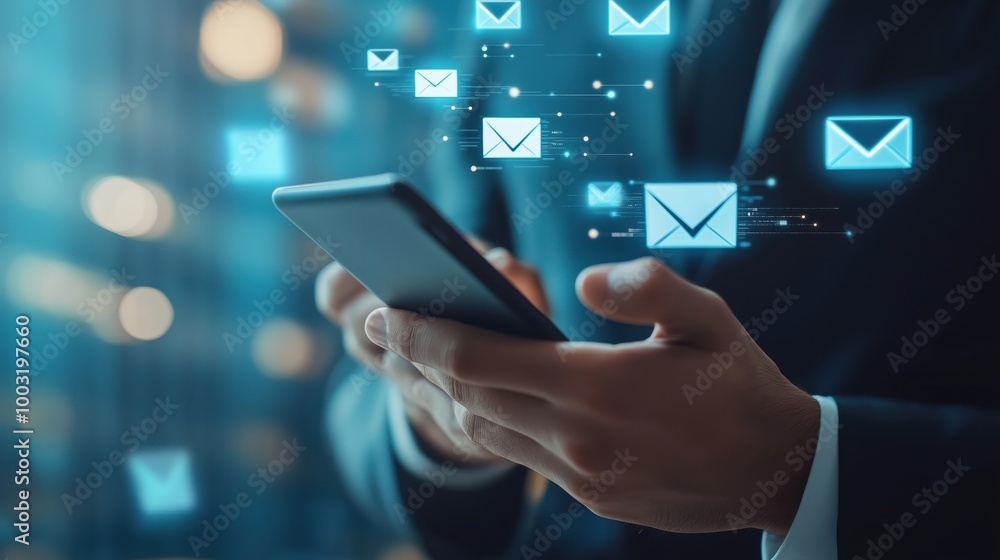 Email notifications on smartphone, businessman in suit Email notifications on smartphone, businessman in suit