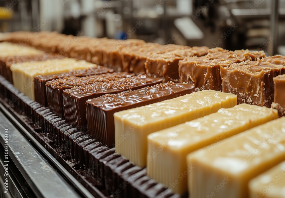 Chocolate bars artfully arranged as piano keys on the production line at a candy factory, showcasing unique caramel and fudge fillings Chocolate bars artfully arranged as piano keys on the production line at a candy factory, showcasing unique caramel and fudge fillings