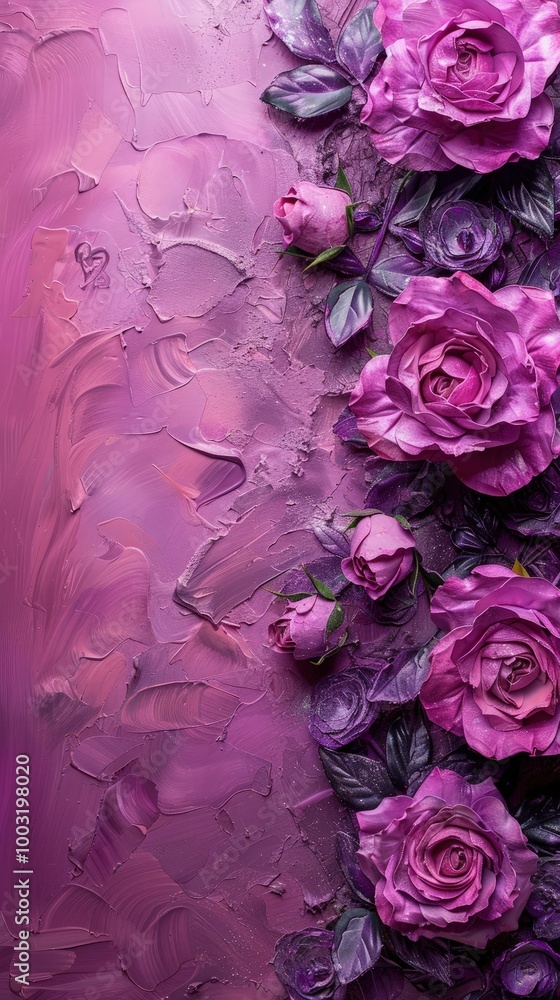 Obraz premium Purple roses on soft color background, romantic feminine composition, wedding invitation concept.