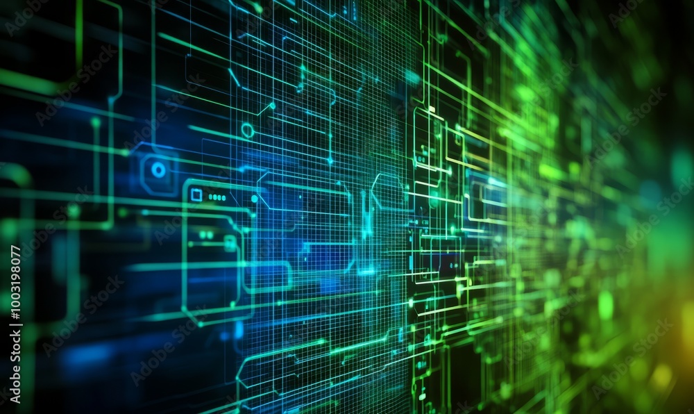 Computing Concept with Technical Grid. Blue and Green Futuristic Geometric Lines Computing Concept with Technical Grid. Blue and Green Futuristic Geometric Lines