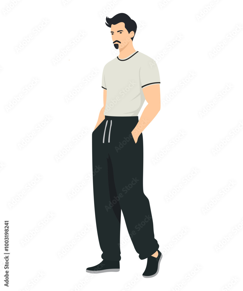 Vector illustration on a white background. A man in a white t-shirt and black pants. Minimalist style. Vector illustration on a white background. A man in a white t-shirt and black pants. Minimalist style.