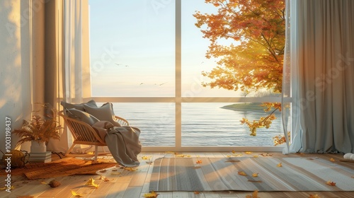 A living room with a large window overlooking the water