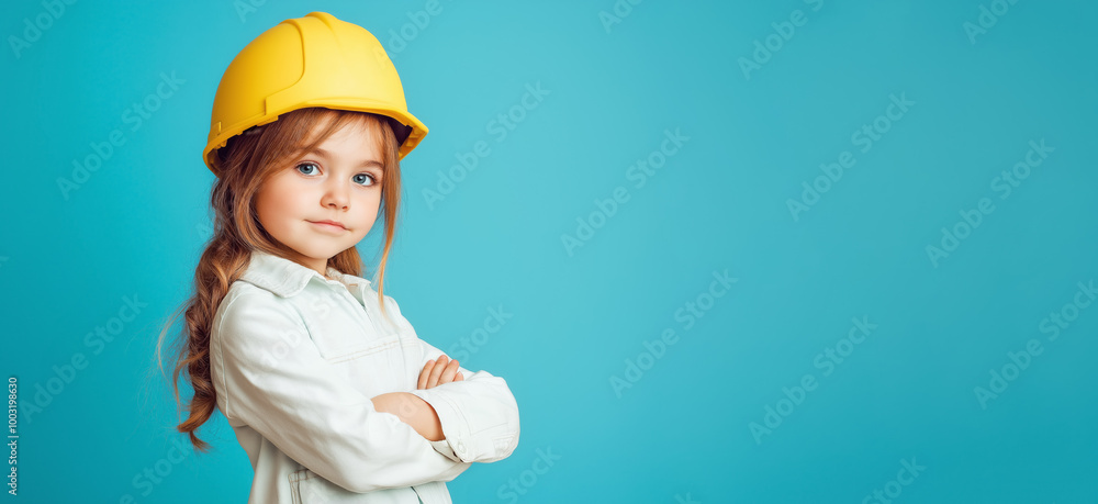 Small girl in construction builder manager costume, helmet on head. Kids future profession concept, studio photo copy space at side. Generative AI Small girl in construction builder manager costume, helmet on head. Kids future profession concept, studio photo copy space at side. Generative AI