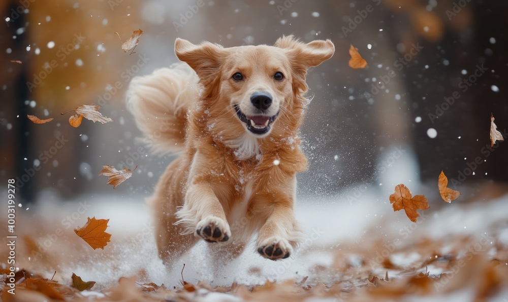 Dog playing snow, fallen leaves, playful, energetic Dog playing snow, fallen leaves, playful, energetic