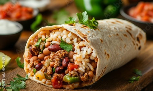 Delicious burrito with beans, rice and meat