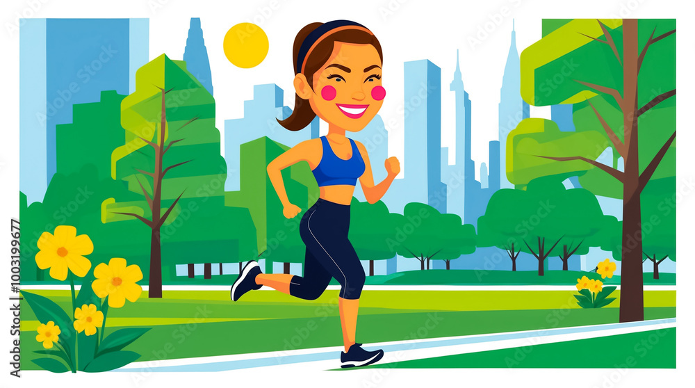 Fototapeta premium Cartoon active young woman jogging in the park in summer , flat design illustration